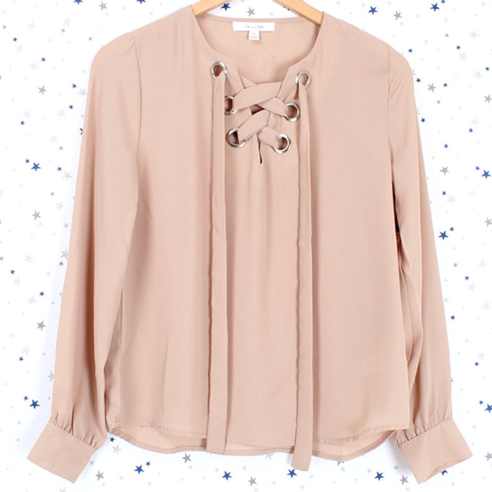 Lace Up Chiffon Blouse Top Khaki